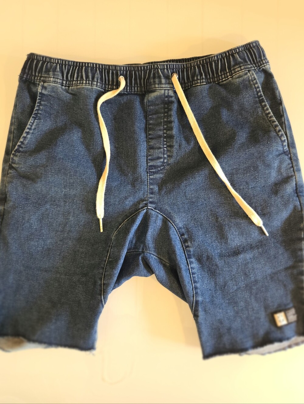 LIRA Denim Jogger Shorts Men's 32 Drawstring Raw Hem Blue